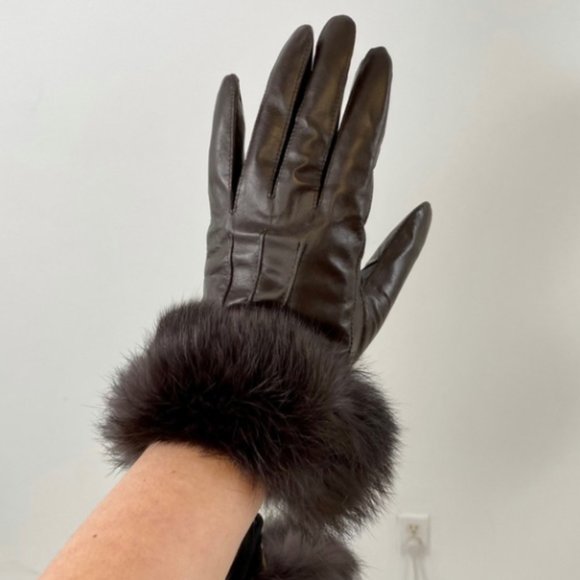 Leather Fur Gloves Large Rabbit Trim Short Brown - Picture 7 of 12